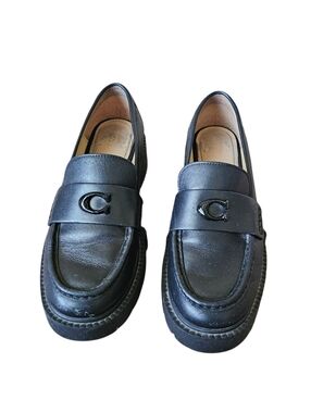 Coach Leah Black Leather Slip-On Chunky Loafers with Logo Accent